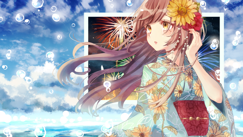 anime, anime girls, original characters, sky, clouds, water, water drops, crying, sunflowers, yukata, long hair, brunette, flower in hair
