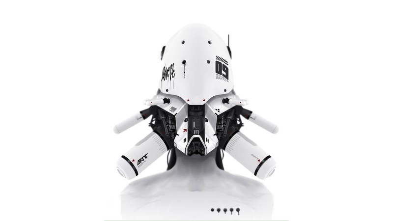 DAYTONER, white background, cyberpunk, robot, digital art