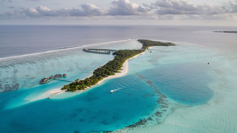 island, ocean, aerial view, sky, horizon, maldives, 4k