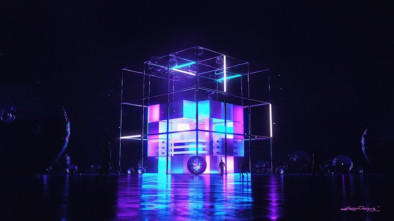 digital, digital art, artwork, 3D, night, landscape, architecture, silhouette, people, sphere, cube, reflection, lights, neon, neon lights, glowing, 3D Abstract, abstract, blue, pink, dark, futuristic, cyberpunk, science fiction, surreal, cyan