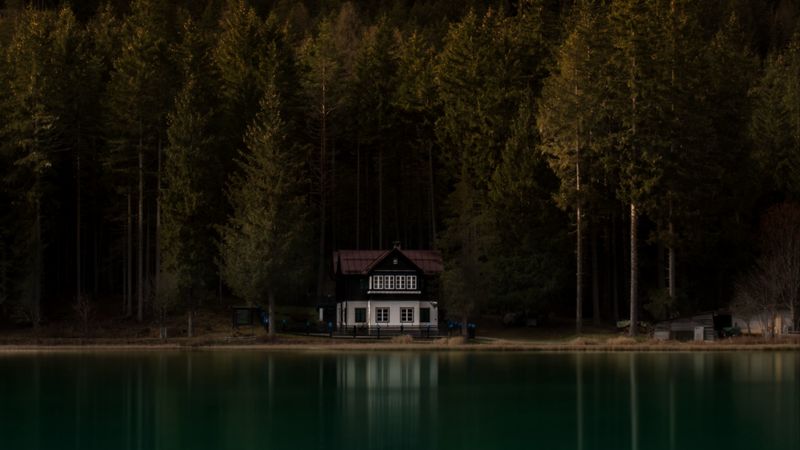 lake, house, gloomy, fog, shore, 4k