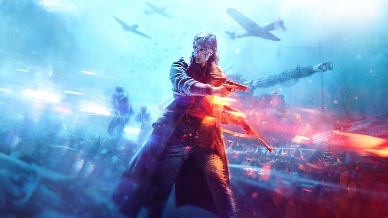 Robert Sammelin, Battlefield, blue background, women, soldier, gun, pistol, lights, Battlefield V