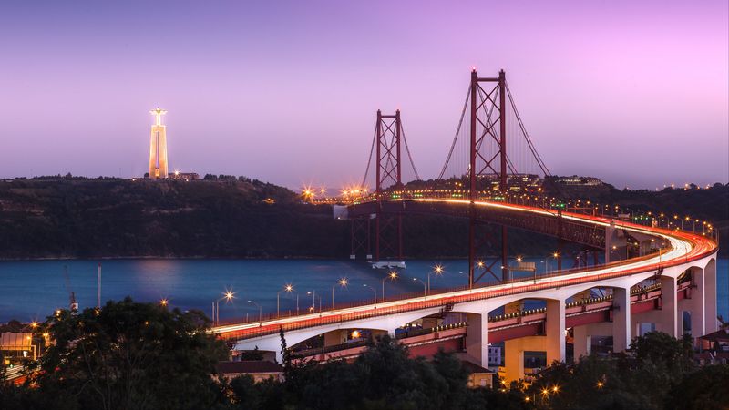 bridge, night city, city lights, 25 de abril bridge, lisbon, almada, 4k