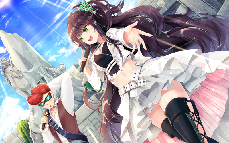 anime, anime girls, green eyes, microphone, long hair