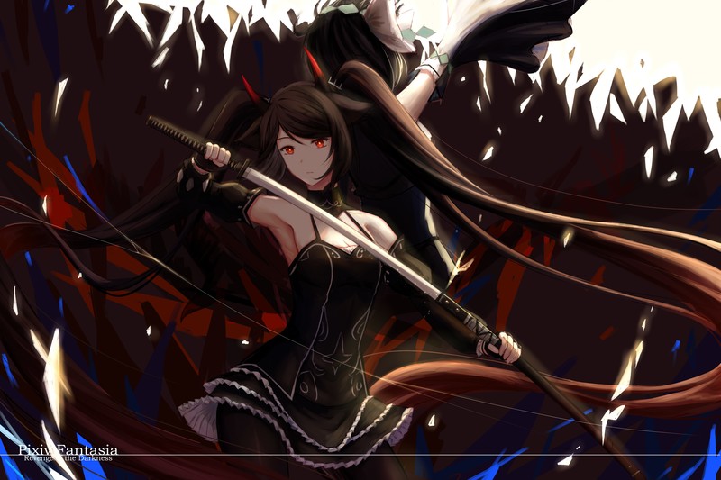 anime, anime girls, red eyes, long hair, sword, fantasy girl, katana, Pixiv Fantasia