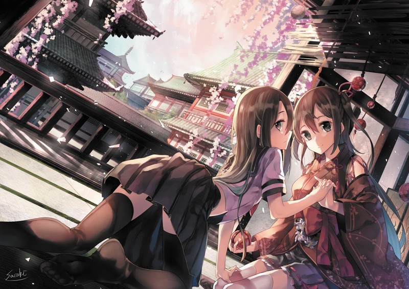 anime, anime girls, stockings, brunette, holding hands