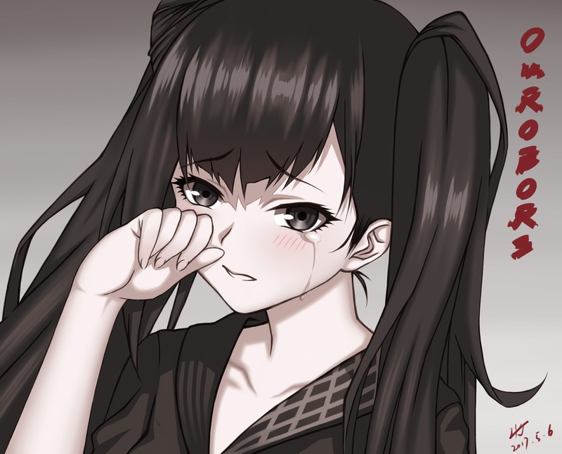 anime, anime girls, tears, dark hair, dark eyes, simple background, face, 2017 (Year)
