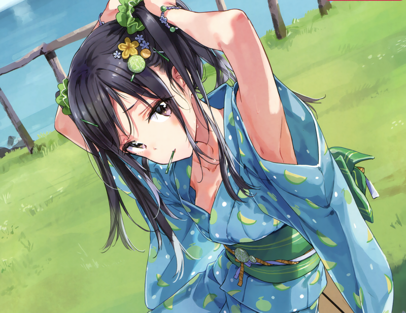 anime, anime girls, arms up, dark hair, dark eyes, outdoors, armpits