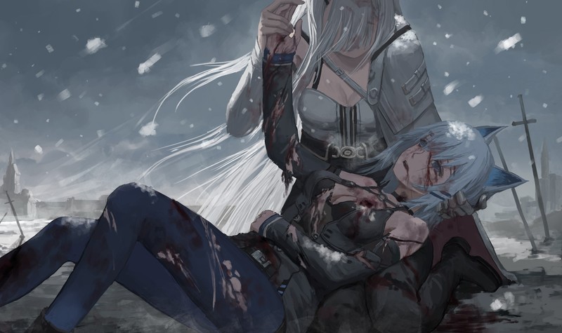 anime, anime girls, fantasy girl, blood, death, snow, animal ears, torn clothes
