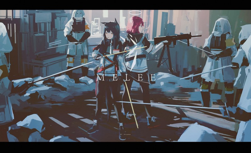 anime, anime girls, digital art, artwork, long hair, short hair, weapon, sword, animal ears, angel, Alcxome, Arknights, Texas (Arknights), Exusiai (Arknights)