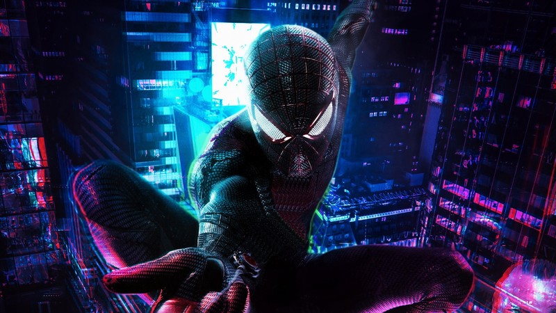 Spider-Man, Marvel Comics, digital art, cyan, pink, purple, dark