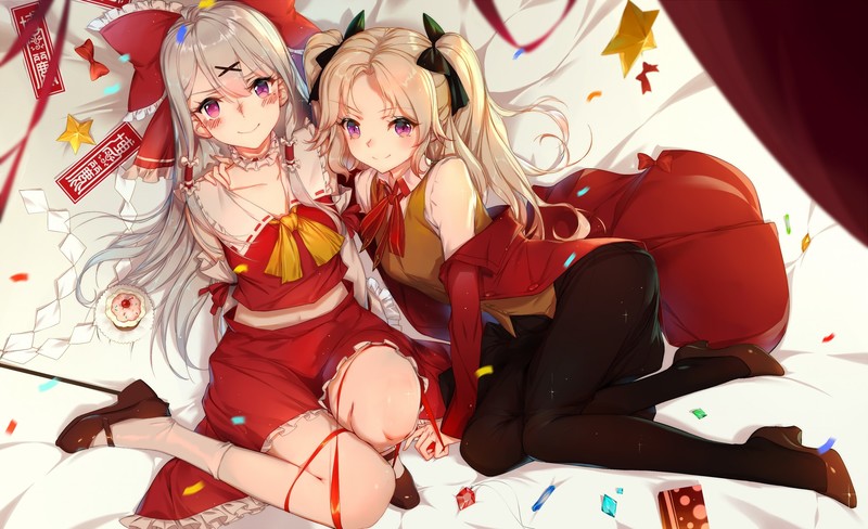 anime, anime girls, pink eyes, red, long hair, colorful