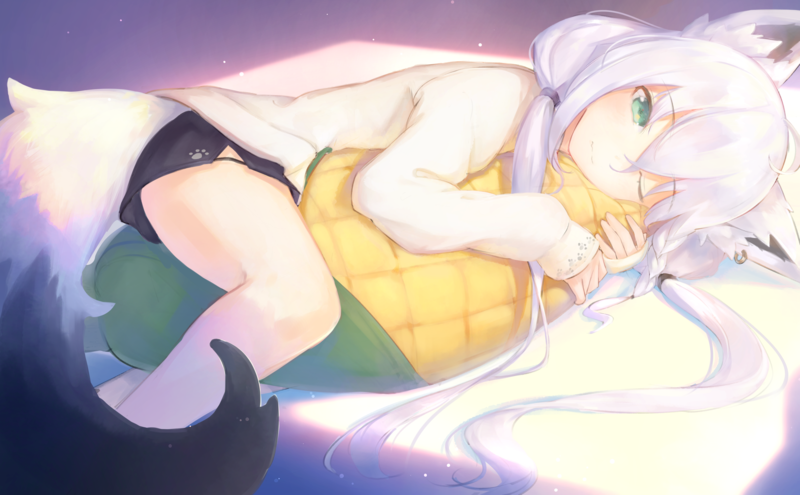 Shirakami Fubuki, anime girls, animal ears, animal tail, Hololive, white hair, fox girl, cat girl, Virtual Youtuber