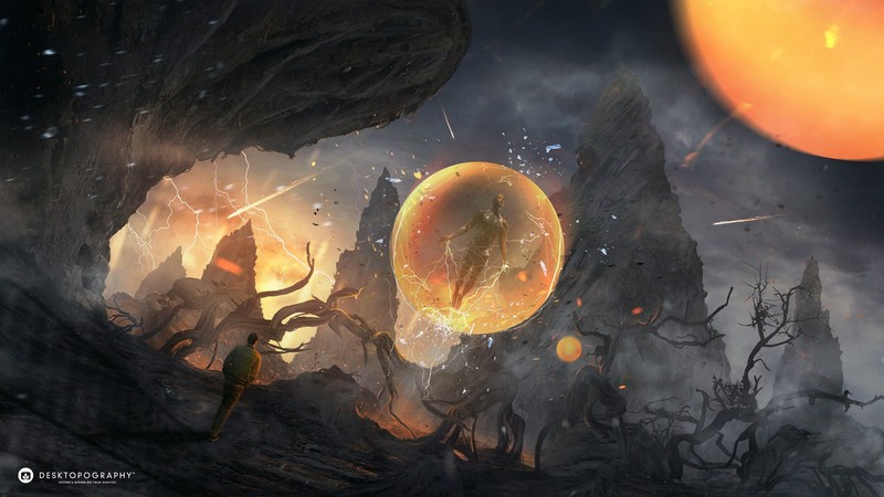 digital, digital art, artwork, fantasy art, landscape, men, outdoors, men outdoors, wood, sphere, shield, rocks, lightning, meteors, fictional creatures, science fiction, orange