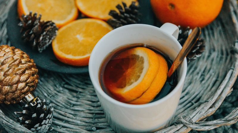 oranges, mug, comfort, new year, christmas, 4k