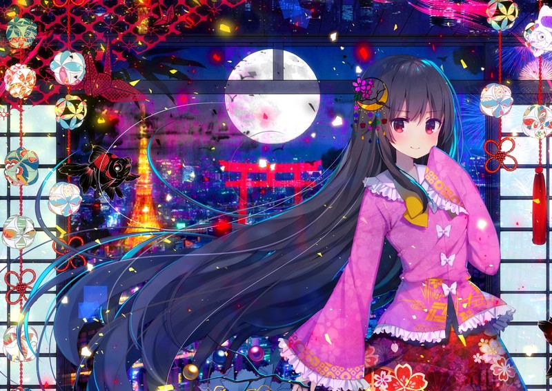 anime, anime girls, colorful, fish, long hair, pink, red eyes, Moon