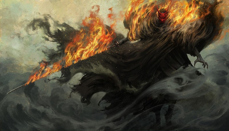 artwork, fantasy art, fire, sword, demon, smoke