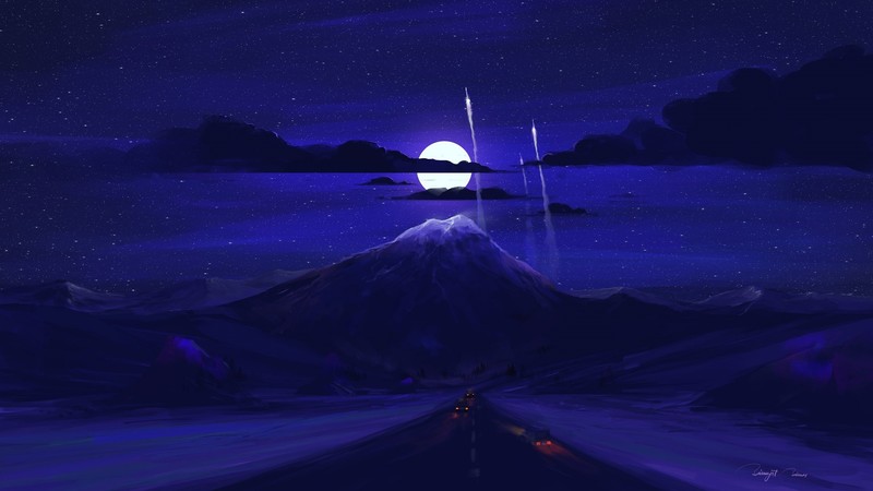 road, artwork, night, Moon, landscape, blue, rocket, stars