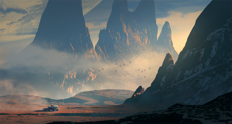 science fiction, mountains, lunar rover vehicle, mist, birds, snow, planet, desert, digital art, landscape, artwork