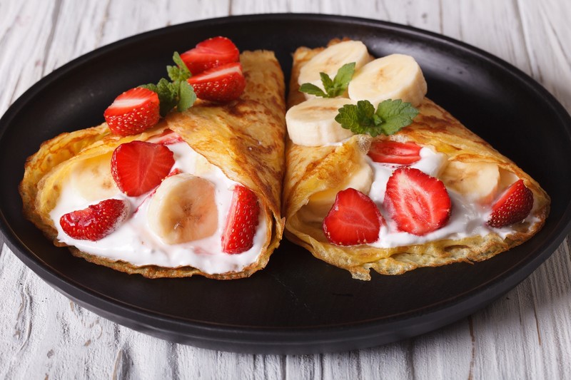 food, sweets, bananas, strawberries, fruit, crepes, mint leaves, dessert