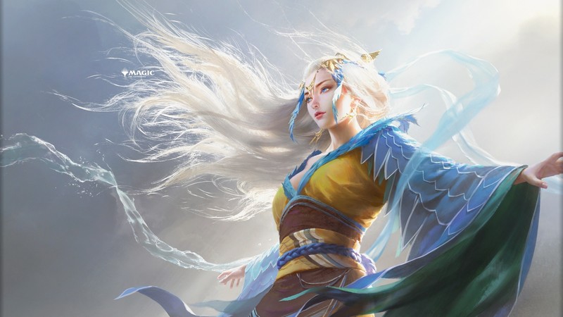 artwork, fantasy art, fantasy girl, women, white hair, blue eyes, Magic: The Gathering, Mu Yanling