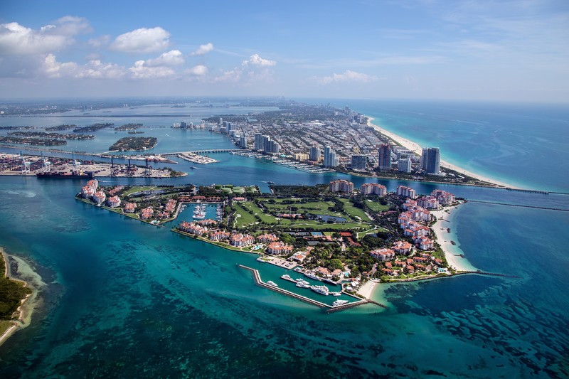 architecture, building, skyscraper, cityscape, Florida, Miami, Fisher Island, USA, sea, island, clouds, aerial view, holiday, harbor, beach, horizon, golf course