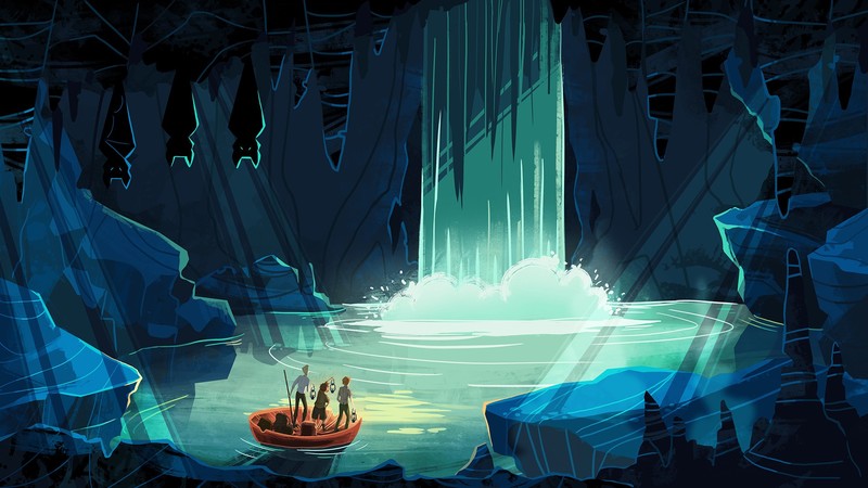 digital art, fantasy art, cave, boat, bats, children, lake, rock, Jagoda Klaczyńska, Journey to the Center of the Earth, cyan, turquoise
