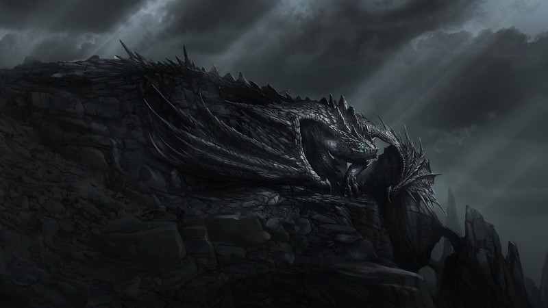 digital art, fantasy art, dragon, dark, clouds, rock, sun rays, green eyes