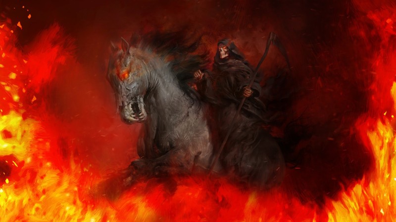 Grim Reaper, fire, hell, fantasy art, skull