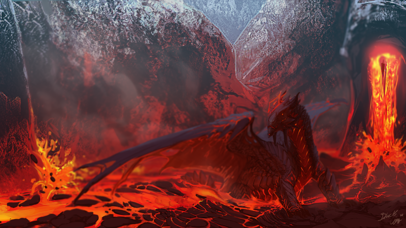 digital art, fantasy art, dragon, fire, lava, volcano, Black-Wing24