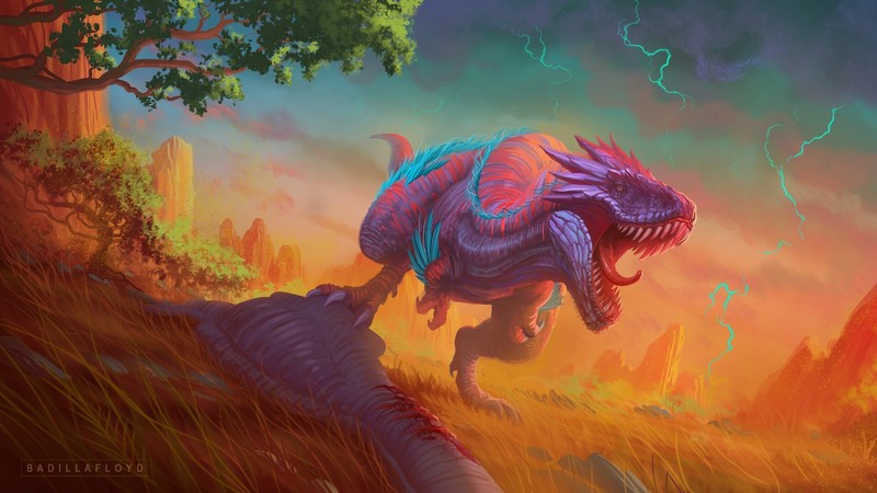 artwork, creature, dinosaurs, animals, colorful, Francisco Badilla