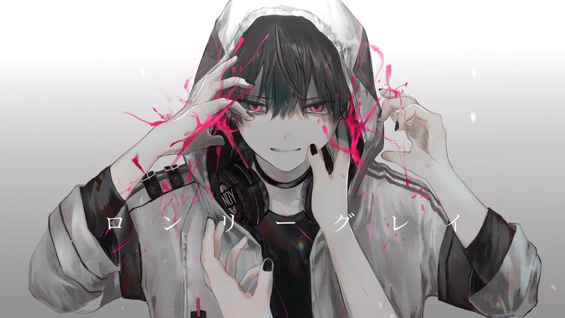 anime, Male, headphones, black nails, hood