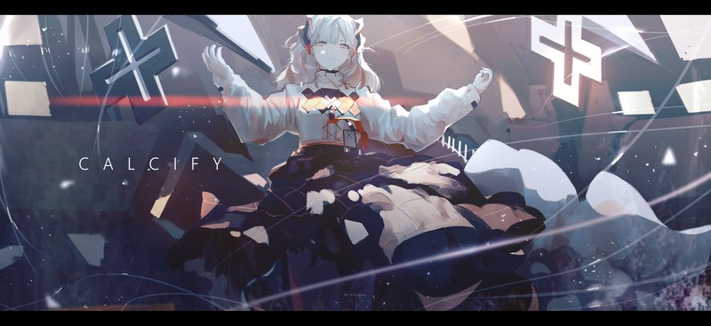 anime, digital art, artwork, short hair, white hair, green eyes, dress, Arknights, Alcxome, saria (arknights)