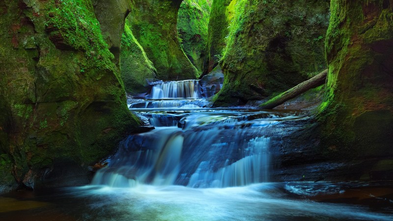nature, landscape, long exposure, Scotland, river, waterfall, rock, moss, tree trunk