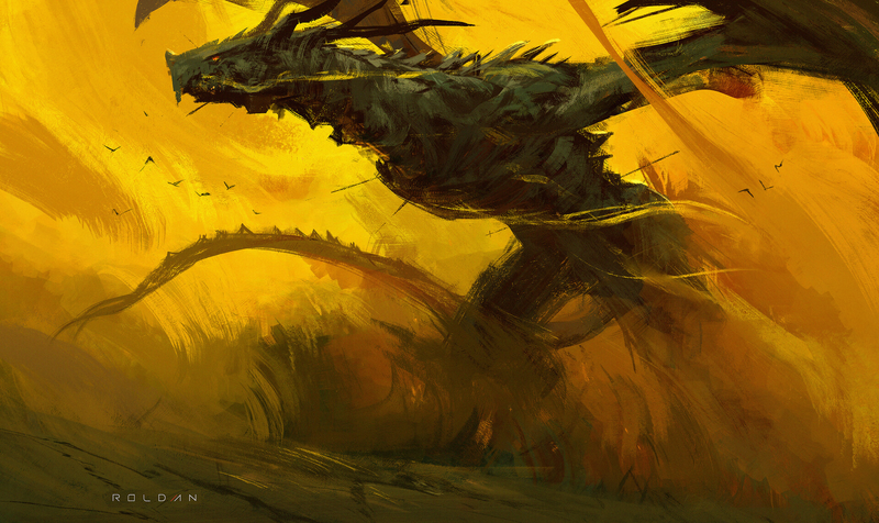 artwork, digital art, painting, illustration, dragon, yellow, creature, fictional creatures