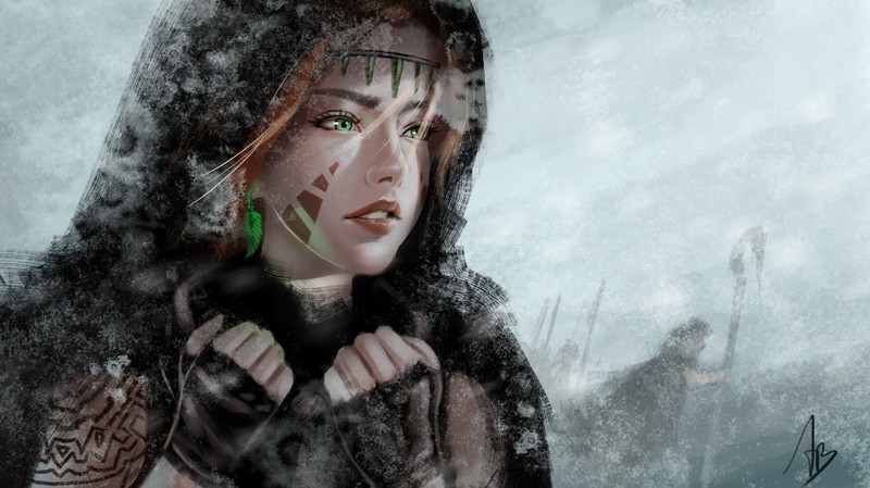 digital, digital art, artwork, women, outdoors, winter, snowstorm, nature, green eyes, hoods, drawing, digital painting, portrait, landscape