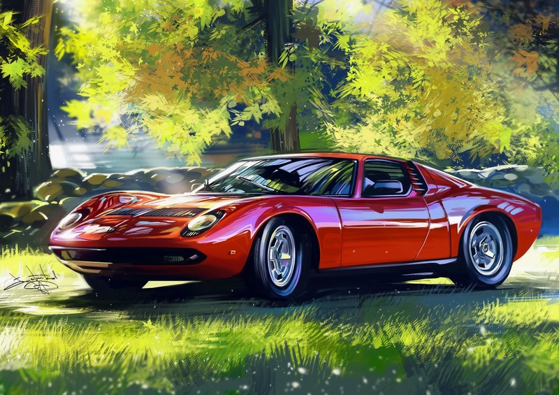car, artwork, red cars, Lamborghini, Lamborghini Miura, vehicle, pop-up headlights