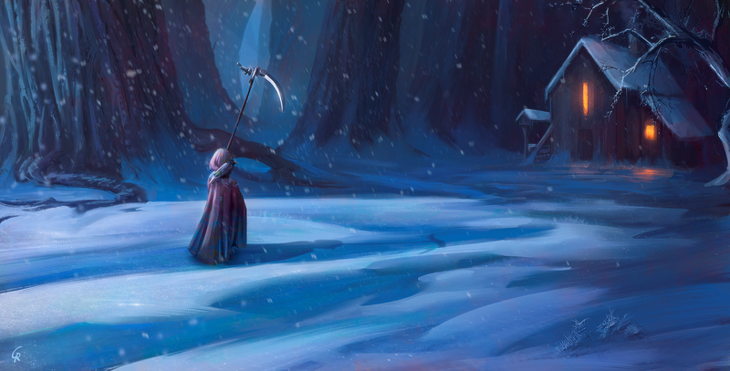 digital, digital art, artwork, fantasy art, nature, winter, snow, death, forest, trees, wood, lights, house, hut, landscape