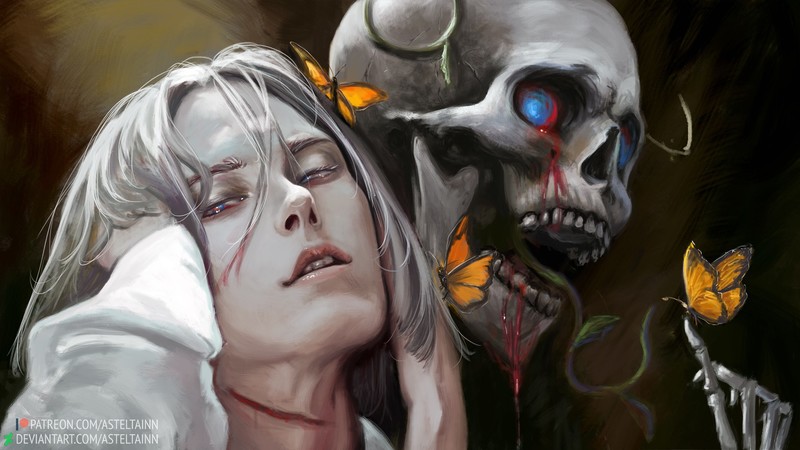 digital, digital art, artwork, fantasy art, women, blood, skull, demon, creature, fictional, white hair, butterfly, butterflies, horror, dark