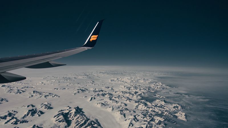 aircraft wing, flight, aerial view, mountains, snow, 4k