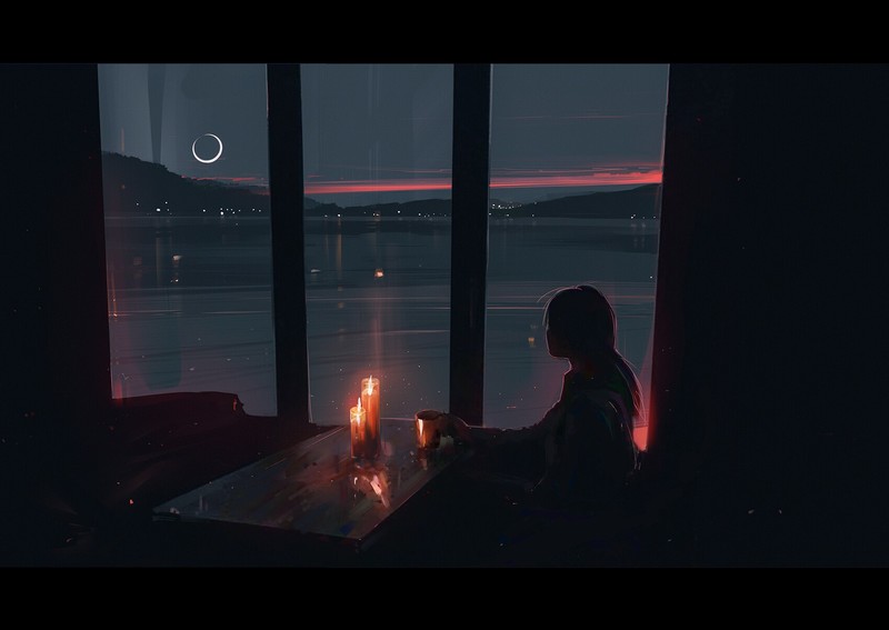 Aenami, candles, mug, Moon, table, women, dark
