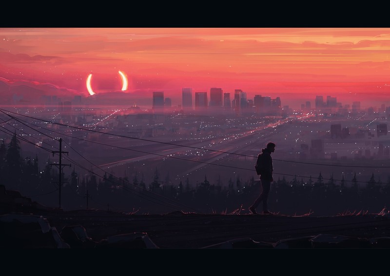 Aenami, sunset, cityscape, powerlines
