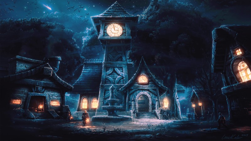 digital, digital art, artwork, fantasy art, video game art, game art, Warcraft, World of Warcraft, landscape, town, tower, clock tower, lights, night, sky, trees, nature, stars, comet, dark, wood, DuskWood, darkshire