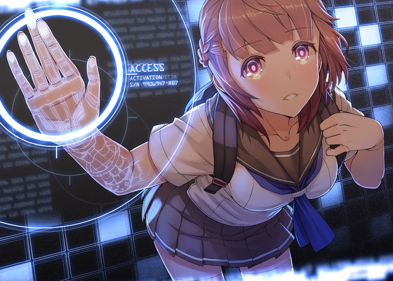 anime, anime girls, brunette, schoolgirl, school uniform, cyber, androids, bionics, fantasy girl, science fiction, artwork, digital art, drawing, illustration, 2D, original characters, Pixiv
