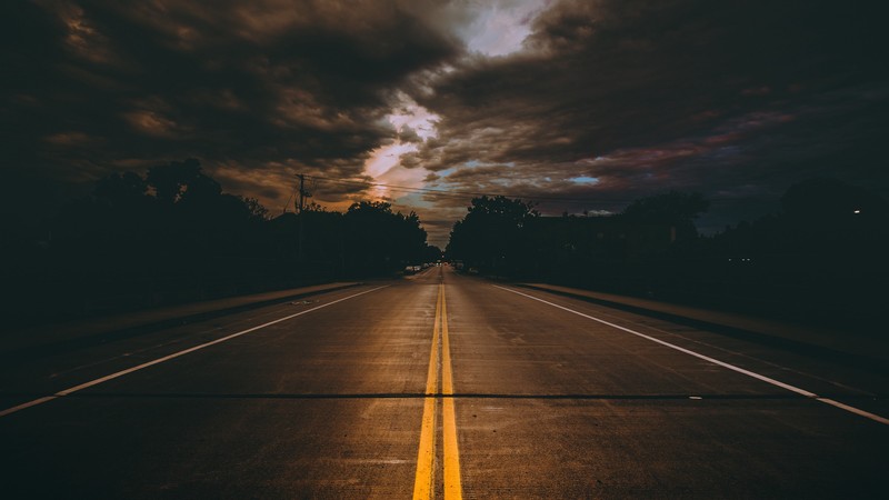 road, dark, outdoors, asphalt, sky, clouds, lines