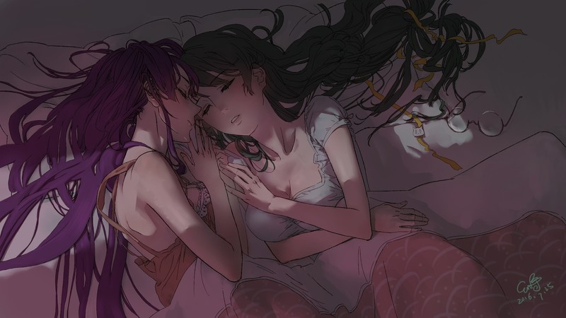 long hair, black hair, purple hair, anime girls, women with glasses, sleeping, violet hair, Monogatari Series, Hanekawa Tsubasa, Senjougahara Hitagi