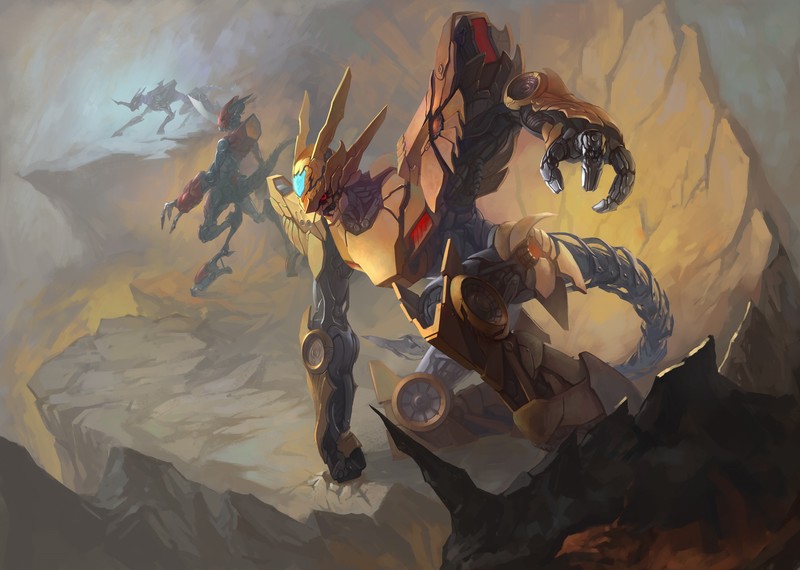 anime, Digimon, artwork, digital art, fan art, Robots, mech, rocks
