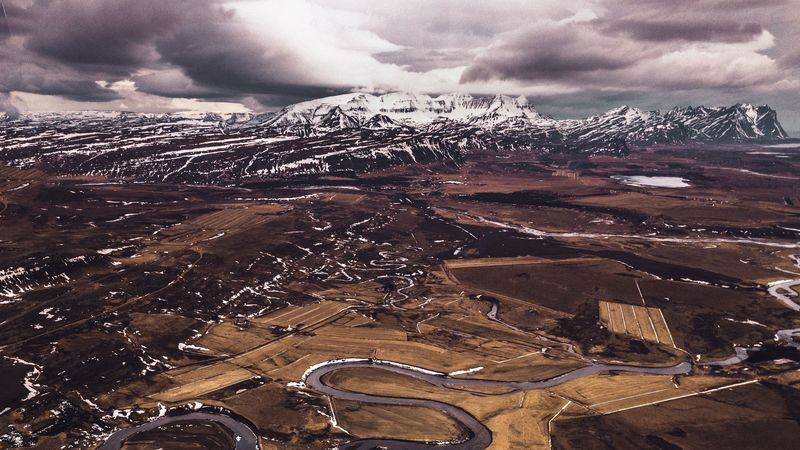 mountains, aerial view, road, snow, winter, iceland, 4k