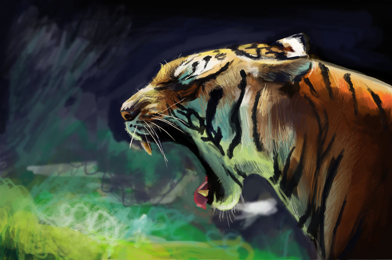 tiger, artwork, digital art, yawning, fangs, teeth