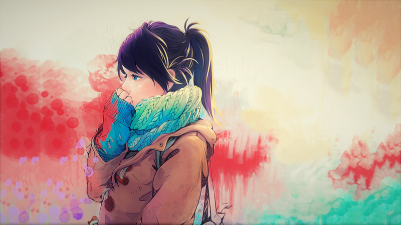 digital art, women, ponytail, scarf, black hair, jacket, sweater, colorful, side view, blue eyes